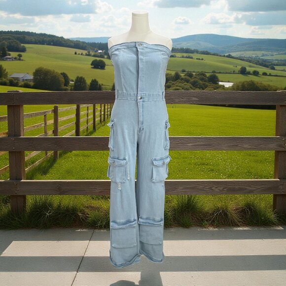 Strapless Denim Cargo Jumpsuit Y2K Edgy Streetwear Utility Baddie Distressed XL - Picture 1 of 12